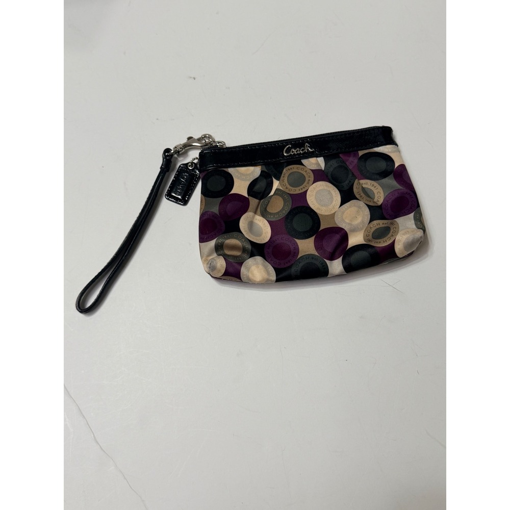 Coach Madison Op Art Dot Wristlet Multicolor Satin Black Patent Leather Trim